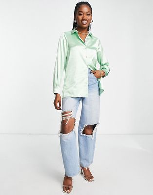 Miss Selfridge oversized satin shirt with diamante buttons in light green