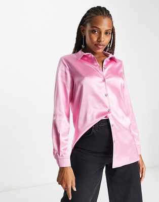 Miss Selfridge oversized satin shirt with diamante buttons in light pink