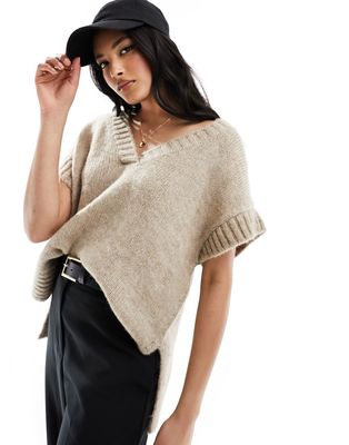 Miss Selfridge oversized V neck knitted vest in oatmeal-Neutral
