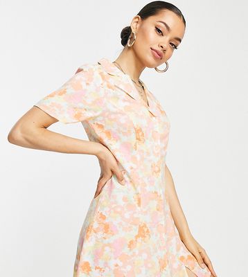 Miss Selfridge Petite 90's collared button through fit and flare shirt dress in bright floral-Multi