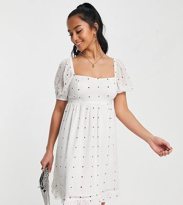 Miss Selfridge Petite chiffon square neck babydoll mini dress in mono dot-White