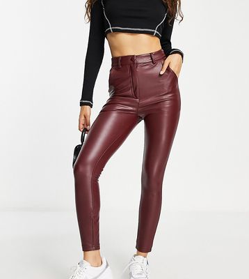 Miss Selfridge Petite faux leather button fly legging in burgundy-No color