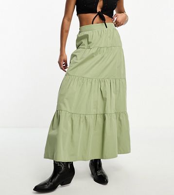 Miss Selfridge Petite poplin tiered maxi skirt in khaki-Green