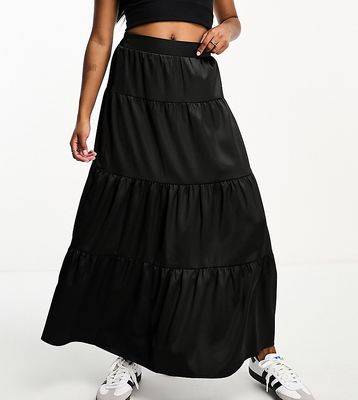 Miss Selfridge Petite satin tiered maxi skirt in black