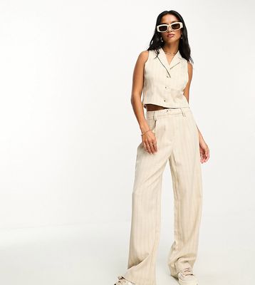 Miss Selfridge Petite tailored wide leg pants in taupe pinstripe - part of a set-Brown