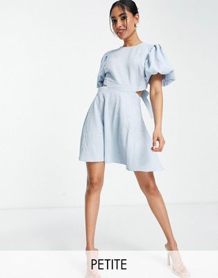 Miss Selfridge Petite textured cut out fit and flare mini dress in blue