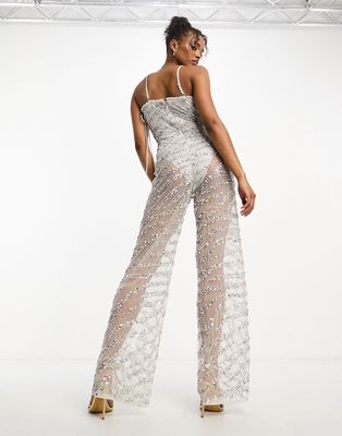 Miss Selfridge Premium embellished festival wide leg jumpsuit with corset detail-Silver