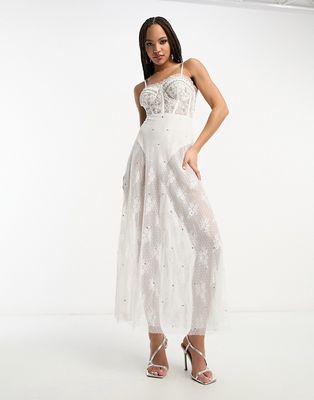 Miss Selfridge Premium embellished premium cami corset maxi dress in ivory-White