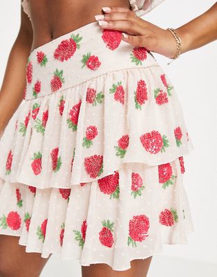 Miss Selfridge Premium embellished strawberry tiered mini skirt in ivory - IVORY-White