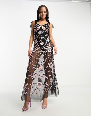 Miss Selfridge Premium embroidered floral cami maxi dress in black