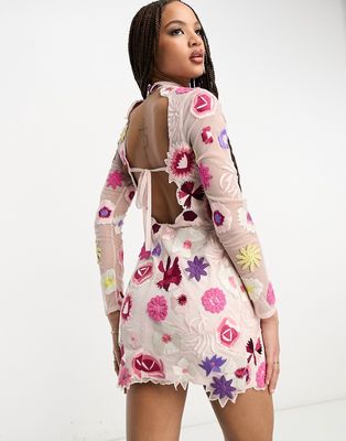 Miss Selfridge Premium embroidered floral long sleeve mini dress in light pink-Black