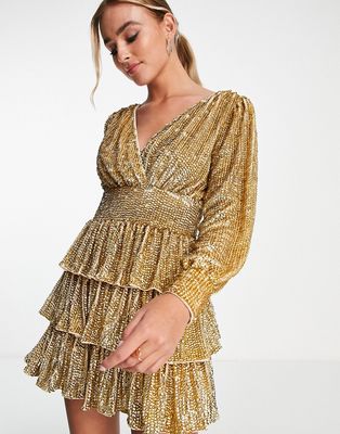 Miss Selfridge Premium festival embellished sequin tiered mini dress with long sleeve in gold