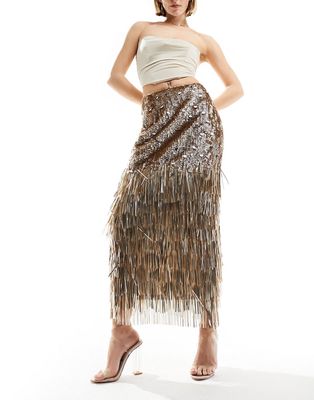 Miss Selfridge Premium gold sequin tasseled maxi skirt