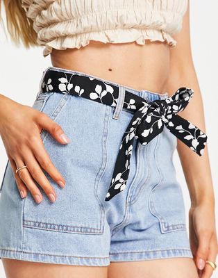 Miss Selfridge printed belt denim short in midwash blue