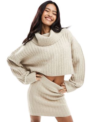 Miss Selfridge rib chunky cowl neck sweater in oatmeal - part of a set-Neutral