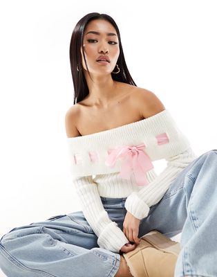 Miss Selfridge ribbon detail bardot knit sweater-White