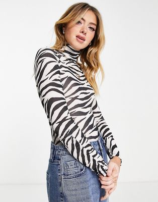 Miss Selfridge roll neck bodysuit in zebra print-Multi