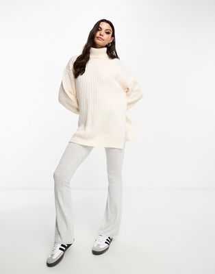 Miss Selfridge roll neck longline side split knit oversized sweater in cream-White