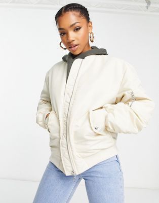 Miss Selfridge ruched sleeve bomber jacket in stone-Neutral