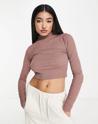 Miss Selfridge ruched sleeve roll neck sweater in mocha-Brown