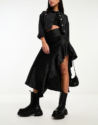 Miss Selfridge satin jacquard asymmetric ruffle maxi skirt in black
