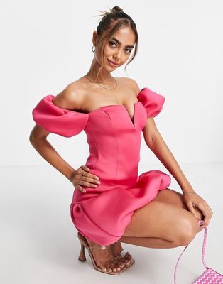 Miss Selfridge scuba plunge neck bandeau mini dress in hot pink