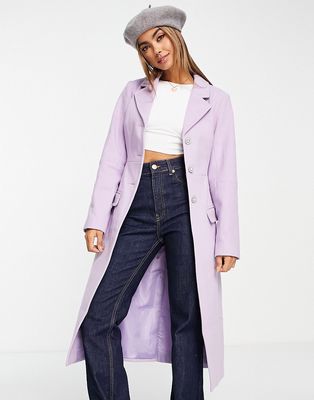 Miss Selfridge sculpted maxi coat with diamante button in lilac-No color