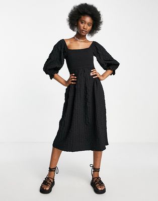 Miss Selfridge seersucker shirred midi dress in black