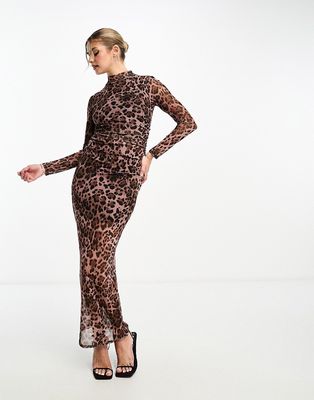 Miss Selfridge sheer ruched long sleeve maxi dress in brown leopard print-Multi