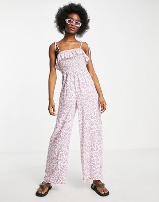 Miss Selfridge shirred strappy jumpsuit in lilac ditsy-Purple
