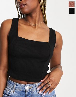 Miss Selfridge sleevless corset seamed top 2 pack in black and mocha-Multi