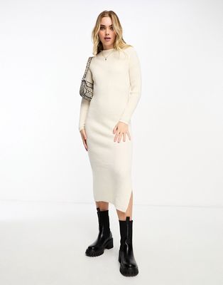 Miss Selfridge slouchy bardot rib knit cozy maxi dress in cream-White