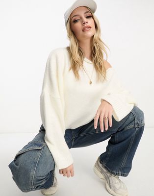 Miss Selfridge slouchy off the shoulder sweater in cream-White