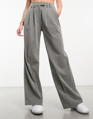 Miss Selfridge slouchy wide leg pinstripe pants with extended tab detail in light gray