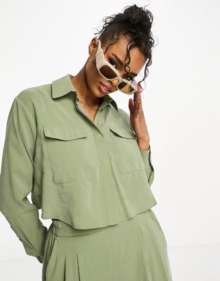 Miss Selfridge soft touch utlity shirt in khaki - part of a set-Green