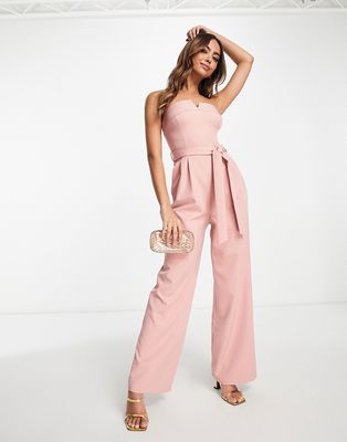 Miss Selfridge strapless bandeau tie waist wide leg jumpsuit in blush-Pink