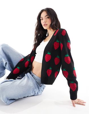 Miss Selfridge strawberry knitted cardigan in black