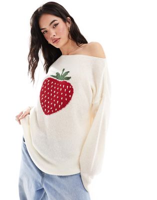 Miss Selfridge strawberry knitted sweater in cream-White