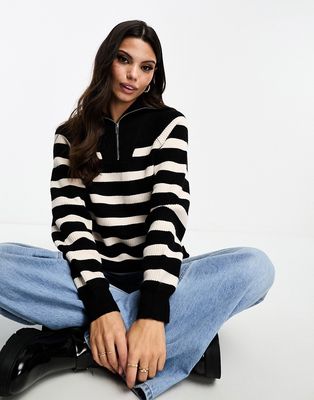 Miss Selfridge stripe knit half zip sweater in black stripe