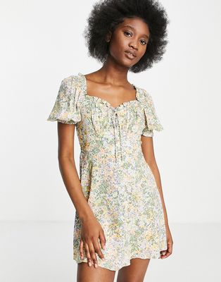 Miss Selfridge tie front milkmaid fit and flare mini dress in meadow floral - MULTI