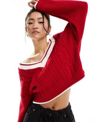 Miss Selfridge varsity crop sweater in red with contrast tipping