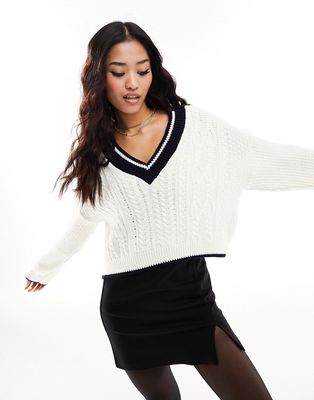 Miss Selfridge varsity crop sweater with tipping-White