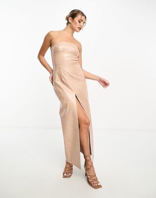 Miss Selfridge vinyl faux leather bandeau maxi dress in taupe-Brown