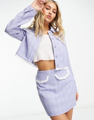 Miss Selfridge western crop check jacket with lace trim detail in blue - part of a set