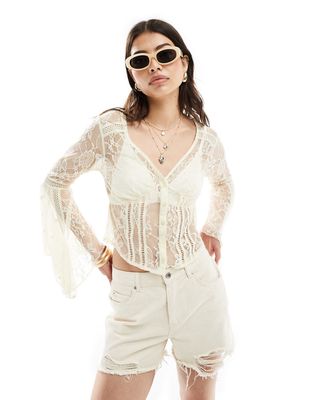 Miss Selfridge western lace flared sleeve button up blouse in cream-White