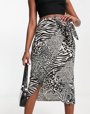 Miss Selfridge wrap midi skirt in patchwork animal print-Multi
