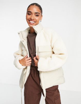 Missguided borg mix puffer jacket in cream-White
