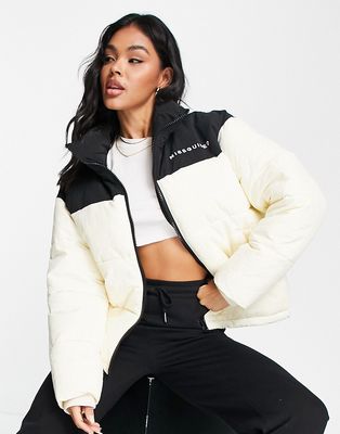 Missguided color block puffer jacket in cream-White