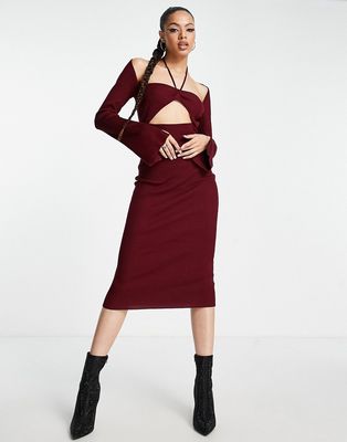 Missguided cut-out halterneck midaxi dress in burgundy-Red