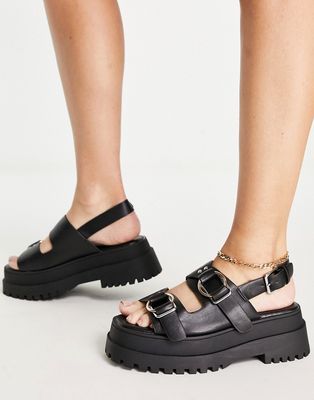 Missguided double buckle chunky sole sandals in black